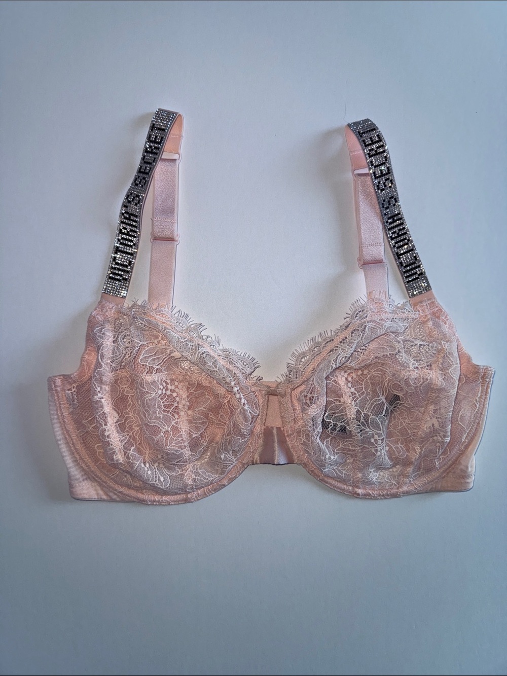 Victoria's Secret Bling 36G Sheer Lace Underwire Bra Pink Embellished Straps